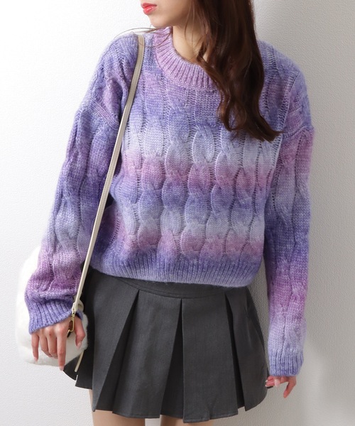 Lace Ladies(レースレディース)の「ラウンドネック ショート丈 グラデーション 配色 リブ ケーブルニット トップス(ニット/セーター・レディース・グレー/グリーン/パープル/イエロー・FREE)」の15枚目の写真