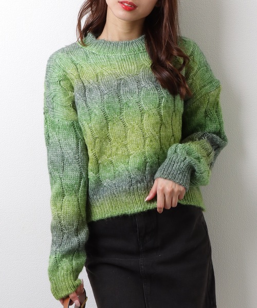 Lace Ladies(レースレディース)の「ラウンドネック ショート丈 グラデーション 配色 リブ ケーブルニット トップス(ニット/セーター・レディース・グレー/グリーン/パープル/イエロー・FREE)」の17枚目の写真