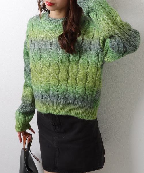 Lace Ladies(レースレディース)の「ラウンドネック ショート丈 グラデーション 配色 リブ ケーブルニット トップス(ニット/セーター・レディース・グレー/グリーン/パープル/イエロー・FREE)」の21枚目の写真