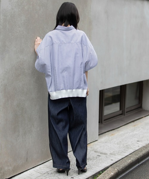 Munich(ミューニック)の「コットンリヨセルオックスリブヘムシャツ(シャツ/ブラウス・レディース・ホワイト/ブラック/サックスブルー/ネイビー×ホワイト・FREE)」の7枚目の写真