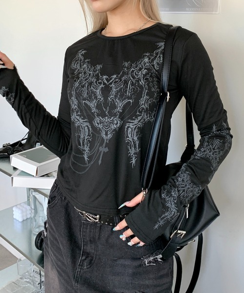 セール】フィンガーホール付き Y2KプリントデザインロンT（Tシャツ