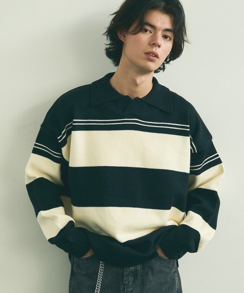 Shoowtime(ショウタイム)の「skipper knit striped pullover / スキッパーニットボーダープルオーバー(ニット/セーター・メンズ・ブラック系/ベージュ系・MEDIUM/LARGE/X-LARGE)」の1枚目の写真