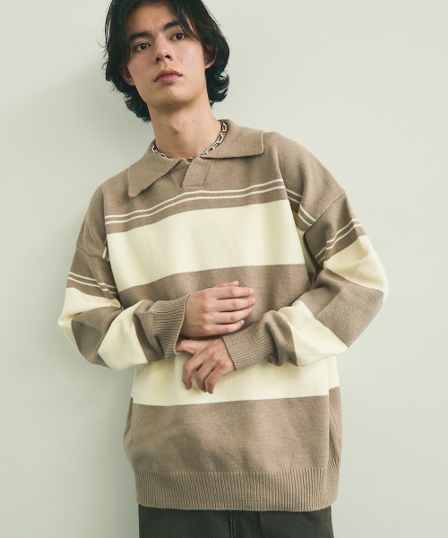 Shoowtime(ショウタイム)の「skipper knit striped pullover / スキッパーニットボーダープルオーバー(ニット/セーター・メンズ・ブラック系/ベージュ系・MEDIUM/LARGE/X-LARGE)」の3枚目の写真