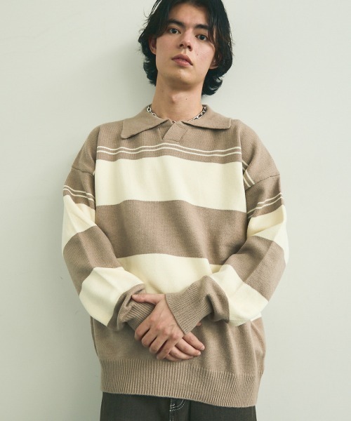 Shoowtime(ショウタイム)の「skipper knit striped pullover / スキッパーニットボーダープルオーバー(ニット/セーター・メンズ・ブラック系/ベージュ系・MEDIUM/LARGE/X-LARGE)」の4枚目の写真