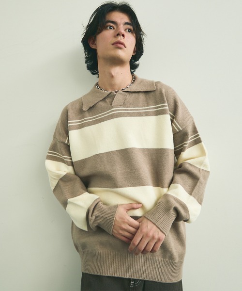 Shoowtime(ショウタイム)の「skipper knit striped pullover / スキッパーニットボーダープルオーバー(ニット/セーター・メンズ・ブラック系/ベージュ系・MEDIUM/LARGE/X-LARGE)」の5枚目の写真