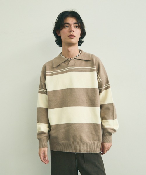Shoowtime(ショウタイム)の「skipper knit striped pullover / スキッパーニットボーダープルオーバー(ニット/セーター・メンズ・ブラック系/ベージュ系・MEDIUM/LARGE/X-LARGE)」の6枚目の写真