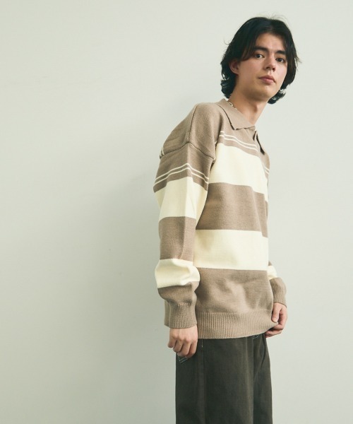 Shoowtime(ショウタイム)の「skipper knit striped pullover / スキッパーニットボーダープルオーバー(ニット/セーター・メンズ・ブラック系/ベージュ系・MEDIUM/LARGE/X-LARGE)」の7枚目の写真