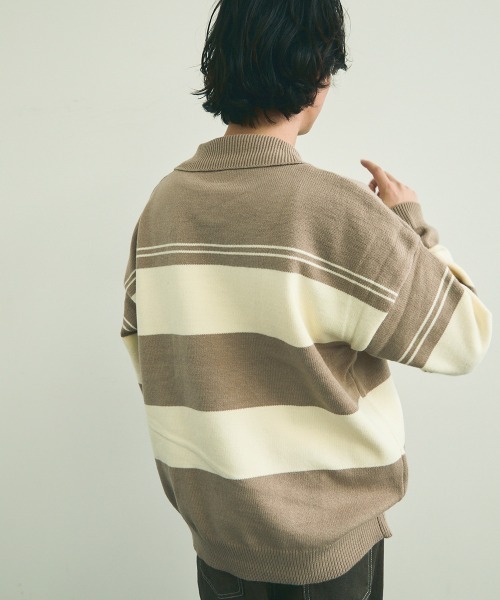 Shoowtime(ショウタイム)の「skipper knit striped pullover / スキッパーニットボーダープルオーバー(ニット/セーター・メンズ・ブラック系/ベージュ系・MEDIUM/LARGE/X-LARGE)」の9枚目の写真