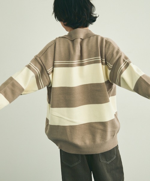 Shoowtime(ショウタイム)の「skipper knit striped pullover / スキッパーニットボーダープルオーバー(ニット/セーター・メンズ・ブラック系/ベージュ系・MEDIUM/LARGE/X-LARGE)」の10枚目の写真