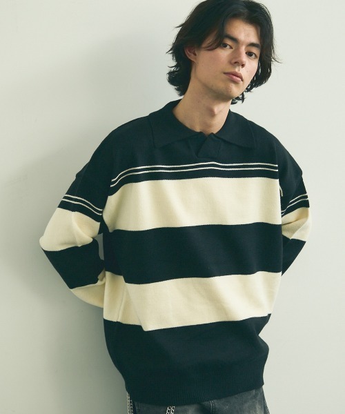 Shoowtime(ショウタイム)の「skipper knit striped pullover / スキッパーニットボーダープルオーバー(ニット/セーター・メンズ・ブラック系/ベージュ系・MEDIUM/LARGE/X-LARGE)」の16枚目の写真