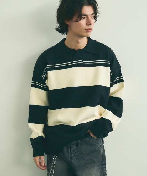 Shoowtime(ショウタイム)の「skipper knit striped pullover / スキッパーニットボーダープルオーバー(ニット/セーター・メンズ・ブラック系/ベージュ系・MEDIUM/LARGE/X-LARGE)」の17枚目の写真