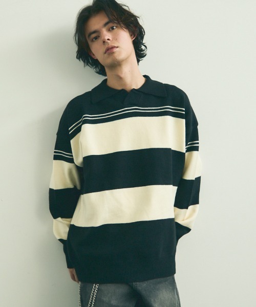 Shoowtime(ショウタイム)の「skipper knit striped pullover / スキッパーニットボーダープルオーバー(ニット/セーター・メンズ・ブラック系/ベージュ系・MEDIUM/LARGE/X-LARGE)」の19枚目の写真