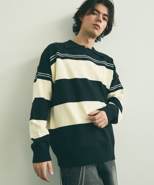 Shoowtime(ショウタイム)の「skipper knit striped pullover / スキッパーニットボーダープルオーバー(ニット/セーター・メンズ・ブラック系/ベージュ系・MEDIUM/LARGE/X-LARGE)」の20枚目の写真
