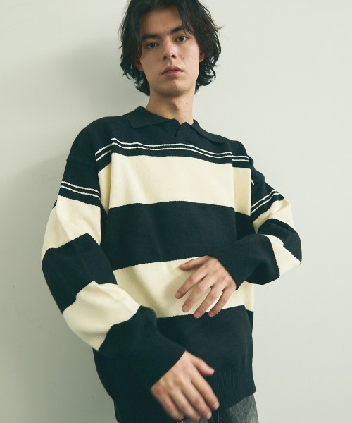 Shoowtime(ショウタイム)の「skipper knit striped pullover / スキッパーニットボーダープルオーバー(ニット/セーター・メンズ・ブラック系/ベージュ系・MEDIUM/LARGE/X-LARGE)」の21枚目の写真