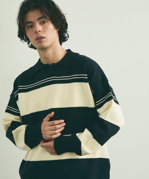 Shoowtime(ショウタイム)の「skipper knit striped pullover / スキッパーニットボーダープルオーバー(ニット/セーター・メンズ・ブラック系/ベージュ系・MEDIUM/LARGE/X-LARGE)」の22枚目の写真