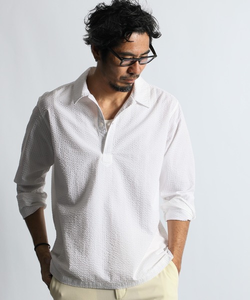 The DUFFER of ST.GEORGE（ザダファーオブセントジョージ）の「SEERSUCKER OVERDYE SKIPPER SHIRT：シアサッカーストライプ 製品染め スキッパーシャツ（シャツ/ブラウス・メンズ・ブラック/ホワイト/ネイビー・SMALL/MEDIUM/LARGE/X-LARGE）」の4枚目の写真