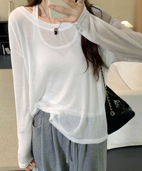 2ly2(トゥーリートゥー)の「ゆるっと着こなす大人カジュアル&透け感トップス&タンクセット(Tシャツ/カットソー・レディース・ブラック/ベージュ/ホワイト・FREE)」の7枚目の写真