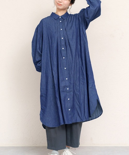 MARAI(マーライ)の「デニムシャツ長袖ワンピース(シャツワンピース・レディース・ブルー/ネイビー・フリー)」の1枚目の写真