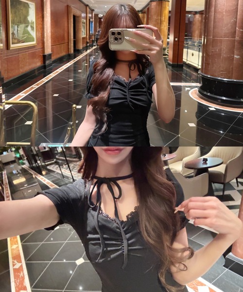 ALLuRing ChaRm(アリュリングチャーム)の「ALLuRing ChaRm × c_mk7o Ruffle Neck Mini Dress / ラッフルネックミニワンピース(ワンピース・レディース・ブラック/ホワイト・FREE)」の11枚目の写真