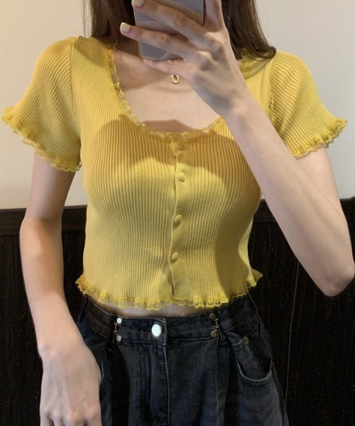 tシャツ リブボタンクロップドトレーナー レディース セール】フロントボタンクロップドレースリブニットピチT（T