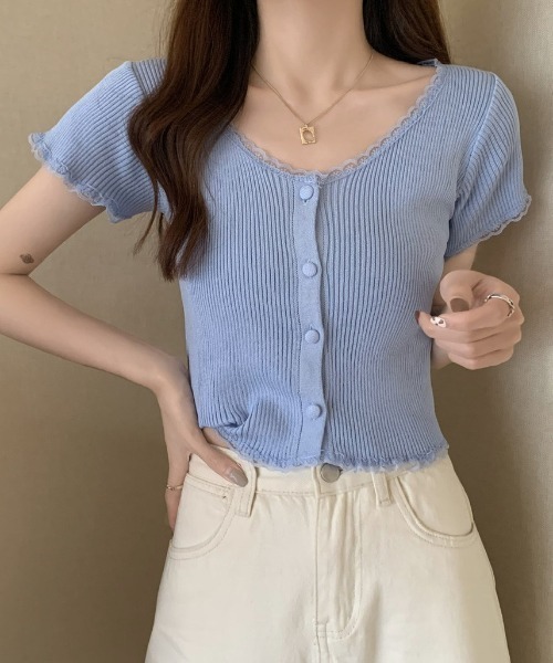 tシャツ リブボタンクロップドトレーナー レディース セール】フロントボタンクロップドレースリブニットピチT（T