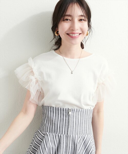 natural couture(ナチュラルクチュール)の「【WEB限定】チュールフリルドッキングニット(ニット/セーター・レディース・サックスブルー/グレイッシュベージュ/ブラック/オフホワイト/ピンク系その他・FREE)」の8枚目の写真