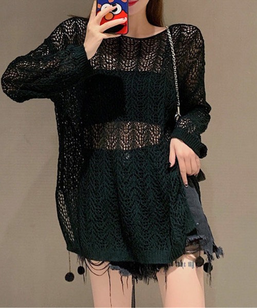 AMAJI（アマジ）の「透かし編みニットトップス（ニット/セーター・レディース・アイボリー/ホワイト/ブラック・FREE）」の6枚目の写真