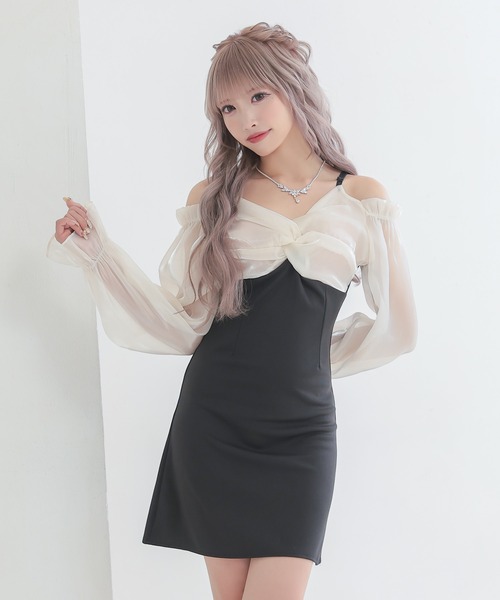 myMinette(マイミネット)の「キャバドレス ミニ タイト 長袖 肩あきバストリボンチュール切替ドレス キャバワンピ(ドレス・レディース・アイボリー・LARGE/MEDIUM/SMALL)」の9枚目の写真