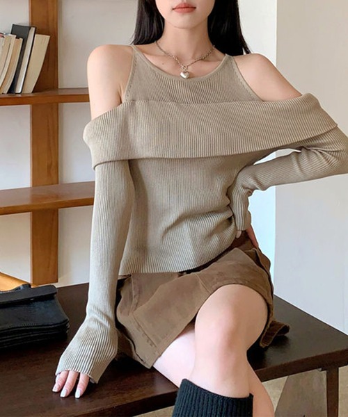 Jasmine Grandiflorum(ジャスミングランディフローラム)の「【Jasmine】レイヤード風肩出しニットプルオーバー(ニット/セーター・レディース・ブラック/アイボリー/チョコ/ベージュ・FREE)」の4枚目の写真