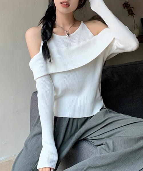 Jasmine Grandiflorum(ジャスミングランディフローラム)の「【Jasmine】レイヤード風肩出しニットプルオーバー(ニット/セーター・レディース・ブラック/アイボリー/チョコ/ベージュ・FREE)」の5枚目の写真