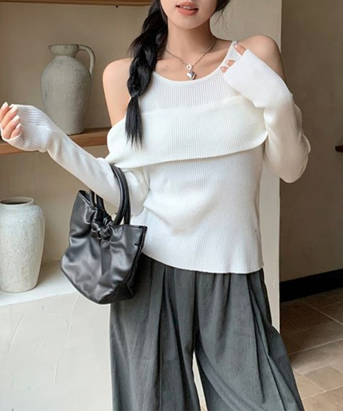 Jasmine Grandiflorum(ジャスミングランディフローラム)の「【Jasmine】レイヤード風肩出しニットプルオーバー(ニット/セーター・レディース・ブラック/アイボリー/チョコ/ベージュ・FREE)」の6枚目の写真