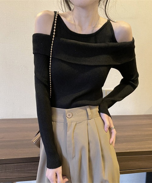 Jasmine Grandiflorum(ジャスミングランディフローラム)の「【Jasmine】レイヤード風肩出しニットプルオーバー(ニット/セーター・レディース・ブラック/アイボリー/チョコ/ベージュ・FREE)」の13枚目の写真