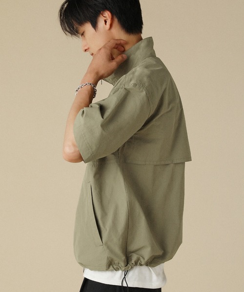 コットンナイロンギャバスタンドネックフルジップ半袖シャツ
