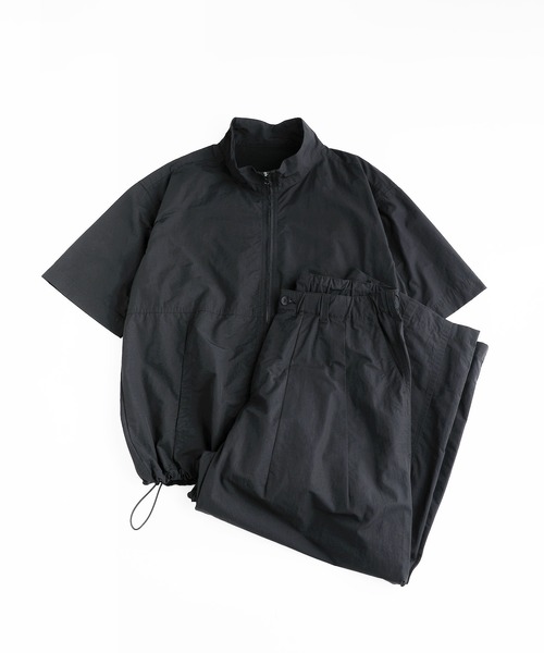コットンナイロンギャバスタンドネックフルジップ半袖シャツ