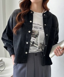 COCOMOMO（ココモモ）の「ドロップショルダーで抜け感抜群。 ノーカラー デニムジャケット ショート丈 ノーカラージャケット（デニムジャケット）」