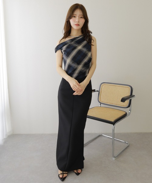 cotton linen check asymmetry tops /綿麻 チェック柄
