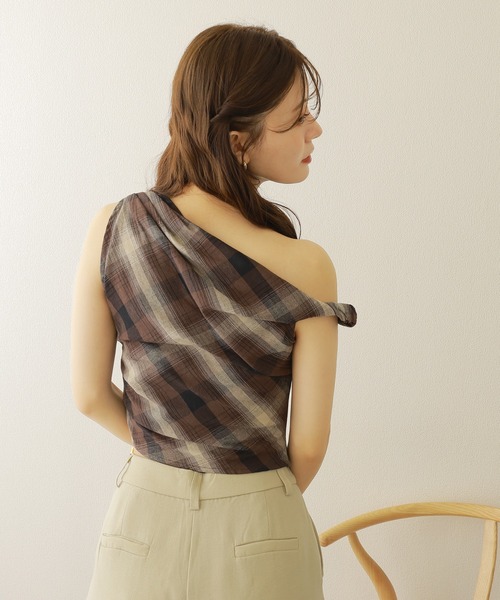 cotton linen check asymmetry tops /綿麻 チェック柄