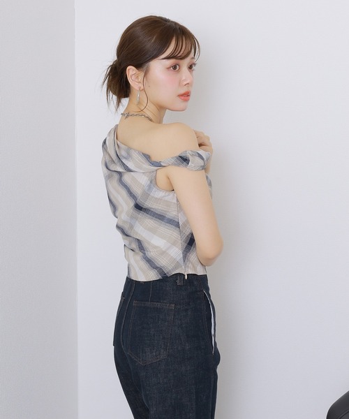 cotton linen check asymmetry tops /綿麻 チェック柄