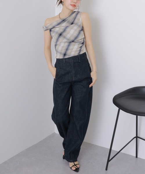 cotton linen check asymmetry tops /綿麻 チェック柄