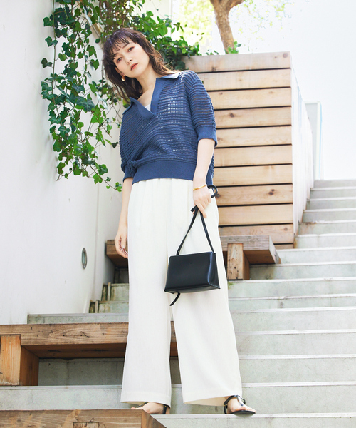 qualite（カリテ）の「【セットアップ対応】リネンライクワイドイージーパンツ/夏服/オフィスカジュアル（スラックス・レディース・グリーン/オフホワイト・36/38）」の3枚目の写真