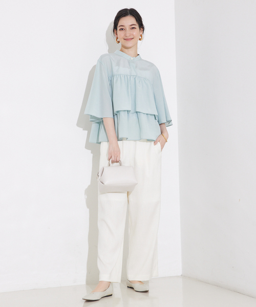 qualite（カリテ）の「【セットアップ対応】リネンライクワイドイージーパンツ/夏服/オフィスカジュアル（スラックス・レディース・グリーン/オフホワイト・36/38）」の6枚目の写真