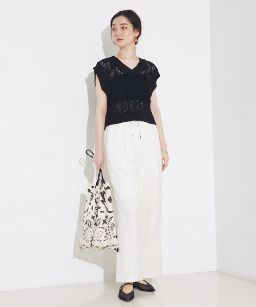 qualite（カリテ）の「【セットアップ対応】リネンライクワイドイージーパンツ/夏服/オフィスカジュアル（スラックス・レディース・グリーン/オフホワイト・36/38）」の7枚目の写真