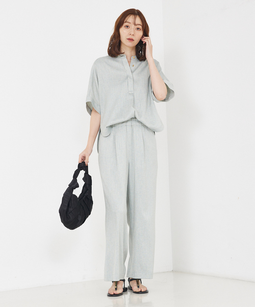 qualite（カリテ）の「【セットアップ対応】リネンライクワイドイージーパンツ/夏服/オフィスカジュアル（スラックス・レディース・グリーン/オフホワイト・36/38）」の13枚目の写真