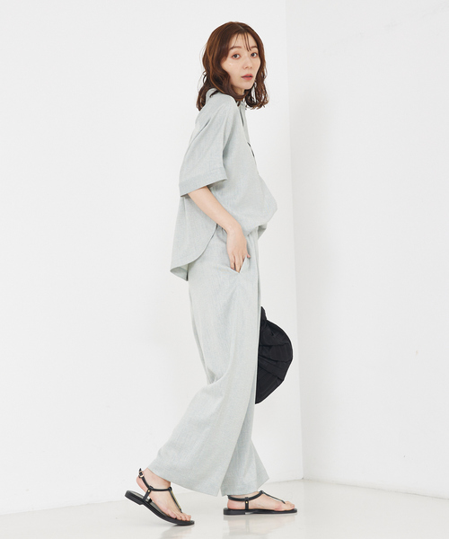 qualite（カリテ）の「【セットアップ対応】リネンライクワイドイージーパンツ/夏服/オフィスカジュアル（スラックス・レディース・グリーン/オフホワイト・36/38）」の14枚目の写真