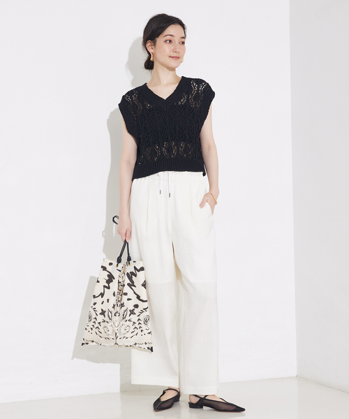 qualite（カリテ）の「【セットアップ対応】リネンライクワイドイージーパンツ/夏服/オフィスカジュアル（スラックス・レディース・グリーン/オフホワイト・36/38）」の17枚目の写真