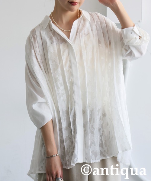 antiqua(アンティカ)の「レースプリーツシャツ(シャツ/ブラウス・レディース・ブラック/ホワイト・ONESIZE)」の1枚目の写真