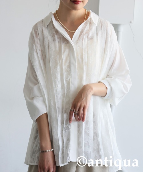 antiqua(アンティカ)の「レースプリーツシャツ(シャツ/ブラウス・レディース・ブラック/ホワイト・ONESIZE)」の3枚目の写真