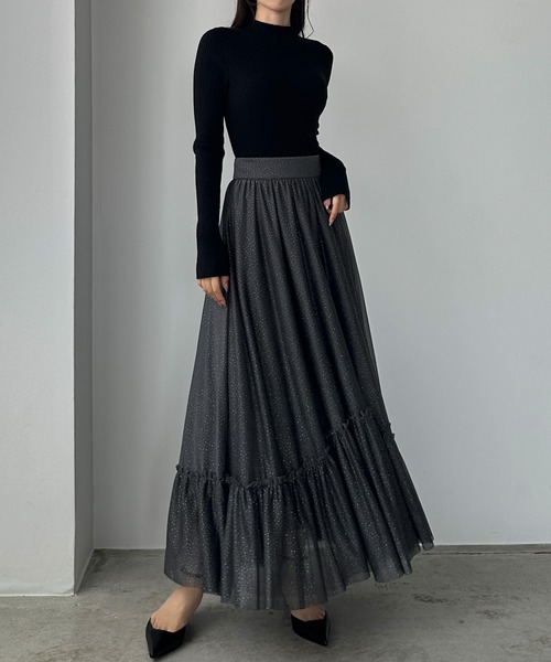 未使用DOMELLEドメル チュールフレアスカート巻きスカート 黒 セール】ラメフレアチュールスカート（スカート）｜Louere（ルエレ）の