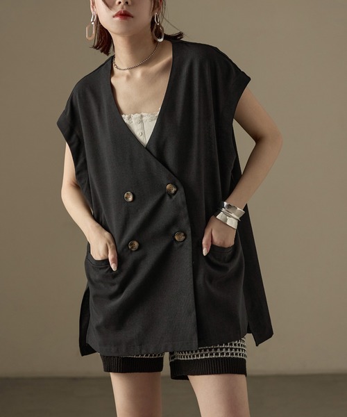 Fashion Letter（ファッションレター）の「SET UP可能 フレンチスリーブ ビンテージワッシャー サマージャケット（テーラードジャケット・レディース・モカ/アイボリー/ブラック・M）」の2枚目の写真