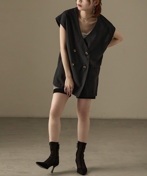 Fashion Letter（ファッションレター）の「SET UP可能 フレンチスリーブ ビンテージワッシャー サマージャケット（テーラードジャケット・レディース・モカ/アイボリー/ブラック・M）」の4枚目の写真